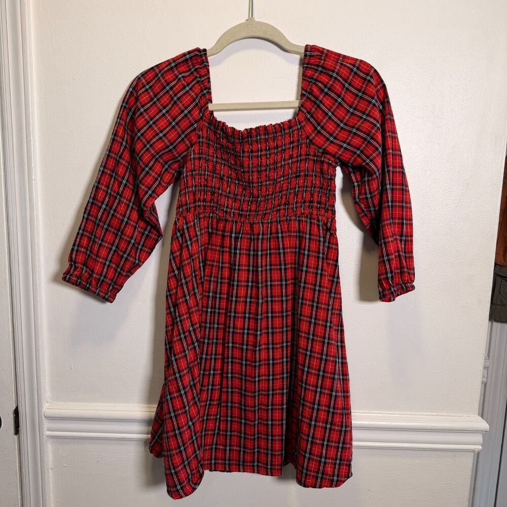 Old Navy Girls L 10-12 Red Tartan Plaid Smocked Bow Back Holiday Dress